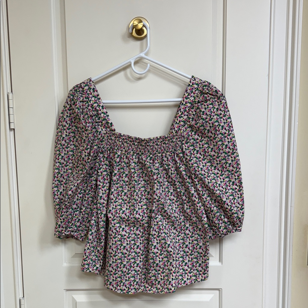 H&M Pink And Green Floral Puff Sleeve Blouse